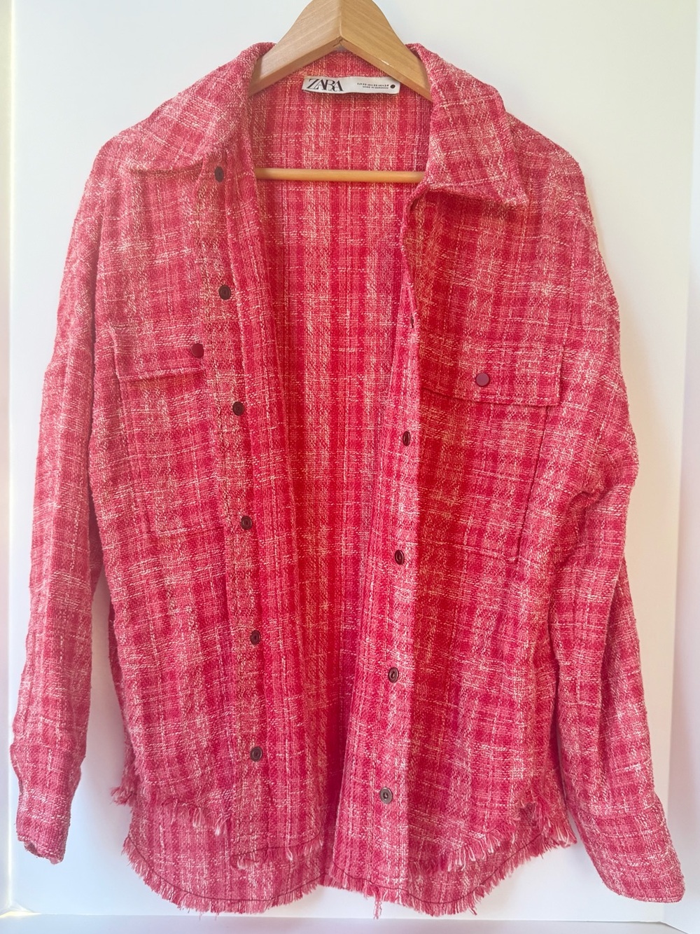 Zara Pink Tweed Fringe Hem Overshirt/Jacket